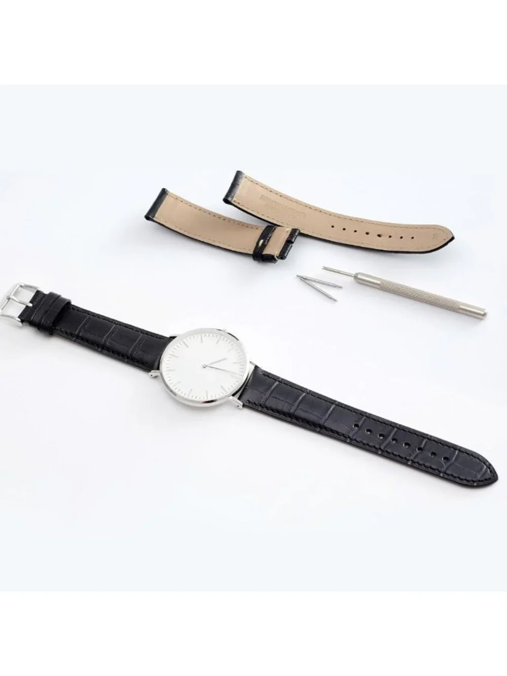 Italian Leather 20mm Watch Band, Embossed Alligator Grain, Silver Buckle, Black